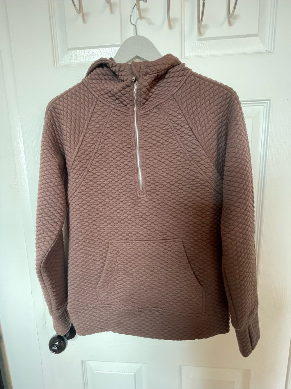 Women Quilted Half-Zip Hoodie in Taupe